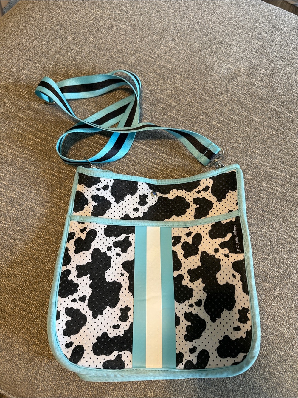 Simply Southern Black & White Cowprint Crossbody with Aqua Trim